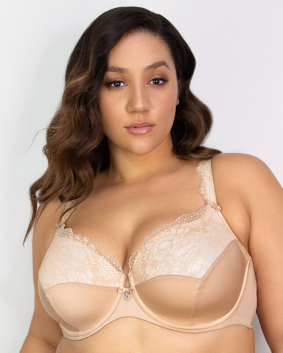 Women's Curvy Couture 1017 Tulip Lace Push Up Balconette Bra (Bombshell  Nude 38D)