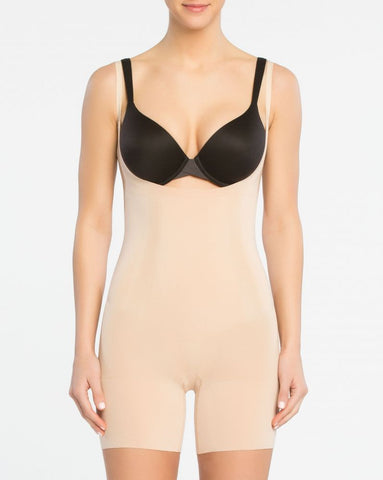 price shop Spanx OnCore Open-Bust Mid-Thigh Bodysuit in Soft Nude