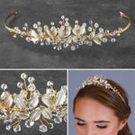 BRIDAL TIARA WITH CRYSTALS AND HAND PAINTED SILVERY GOLD LEAVES  4637T-G - Bra Tenders NYC