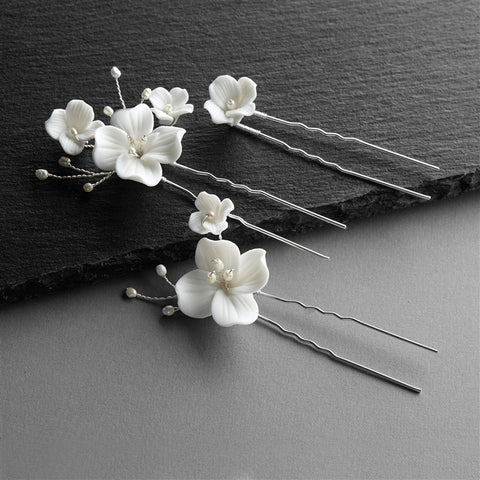 BRIDAL HAIR PINS WITH IVORY RESIN FLOWERS & FRESHWATER PEARLS  - Set of 3 Hair Sticks 4664HC-I-S - Bra Tenders NYC