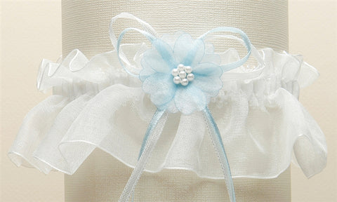 ORGANZA BRIDAL GARTERS WITH BABY PEARL CLUSTER- IVORY WITH BLUE 819G-BL-I - Bra Tenders NYC